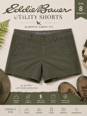 Eddie Bauer Olive Ripstop Utility Shorts Curvy Fit Size 8 Hiking
